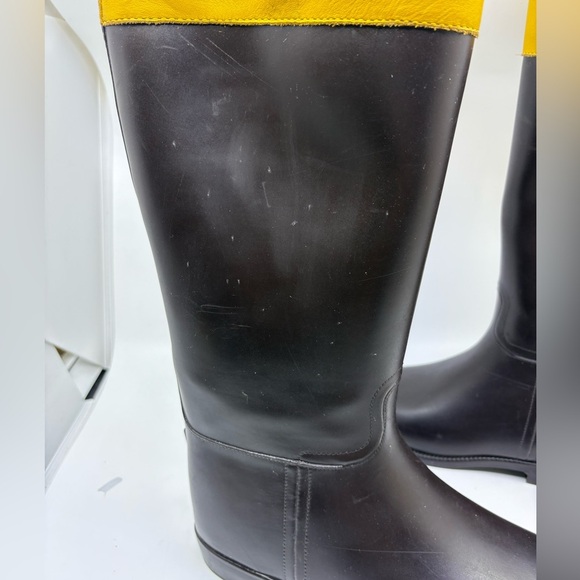 Tory Burch Riding/ Rain Boots Dark Brown Yellow Rubber Waterproof Women's 10 - Picture 11 of 14